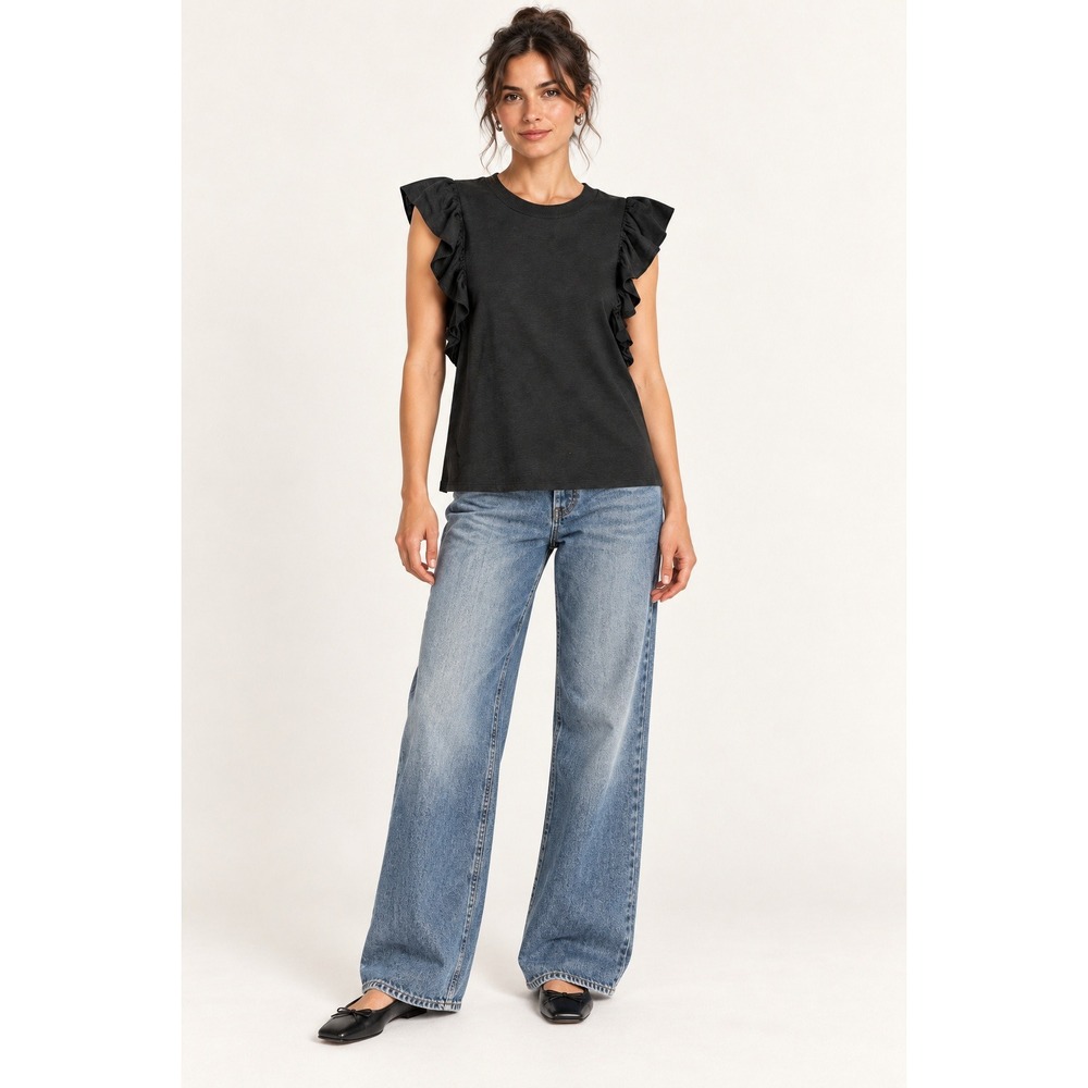 Banana Republic Womens Malibu Tee Large Black Ruffle Sleeve Cotton Modal Top